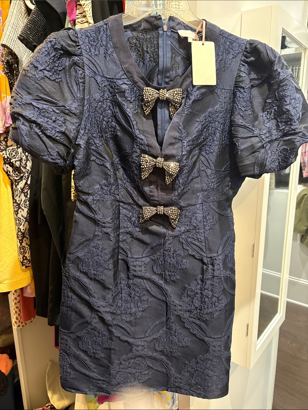 entro Navy Blue Textured Mini Dress with Bow Accents
